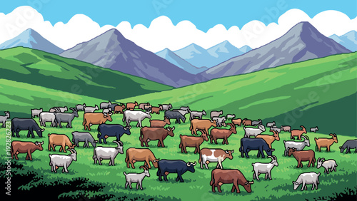 herd of grazing cows and goats on green mountain meadow with blue sky hand drawn illustration