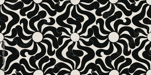 Hypnotic spiral flower pattern with black wavy petals on light background for optical illusion art and psychedelic textile print or modern graphic surface decoration for project