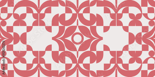 Geometric tile pattern with coral red floral shapes on pale gray background for interior floor decoration and bathroom wall surface design or ceramic mosaic aesthetic inspiration