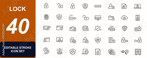 Lock web icons in line style. Cybersecurity, password access, padlock protection, private data, document safety, unlock keyhole, secure system set. Editable stroke. Vector illustration.