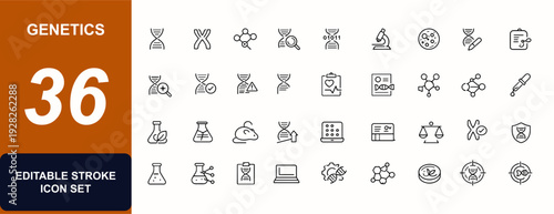 Genetics web icons in line style editable stroke. Genome, DNA, chromosome, genetic research, molecular biology, genome testing, biotech set. Editable stroke. Vector illustration.
