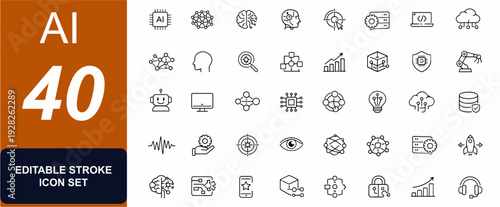 Artificial Intelligence web icons in line style. Machine learning, neural brain, robot bot, data computing, smart system, innovation set. Editable stroke. Vector illustration.