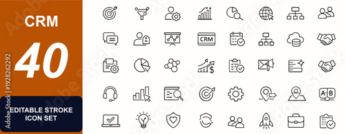 CRM web icons in line style. Sales automation, customer management, data analytics, marketing strategy, database tools set. Editable stroke. Vector illustration.