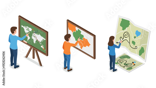 people analyzing and drawing on geographic and thematic maps in isometric hand drawn style