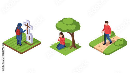 isometric set of three scenes with people praying, visiting graves, and walking with cane in outdoor nature settings hand drawn style