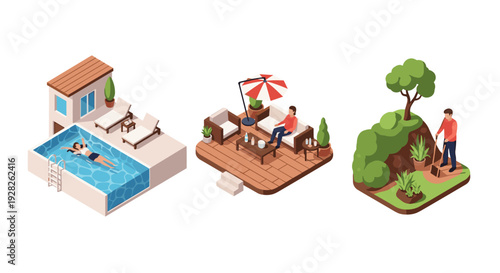isometric outdoor leisure and gardening scenes with pool deck patio and garden gardening man in modern style