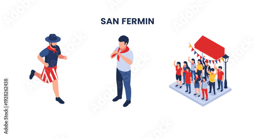 isometric people celebrating san fermin festival hand drawn flat illustration collection