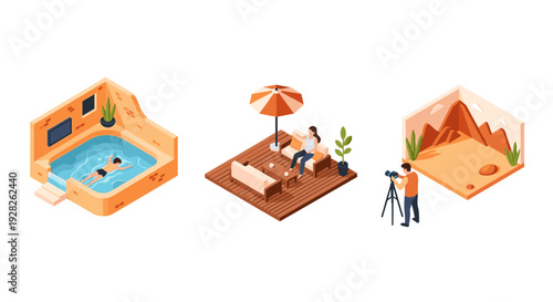 isometric outdoor leisure scenes set with swimming pool patio and desert photography area in vector style