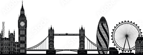 London city skyline silhouette with Big Ben Tower Bridge and London Eye horizontal urban landscape vector illustration isolated on white