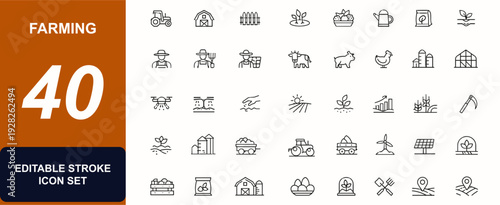 Farming web icons in line style. Tractor, vegetables, planting, fertilizer, farmers, agriculture, farm buildings, fence, harvesting, rural set. Editable stroke. Vector illustration.