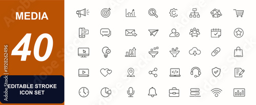 Set of Media Web icons in line style. Digital marketing, data analytics, management tools, messaging, phone app, social media, communication. Editable stroke. Vector illustration.