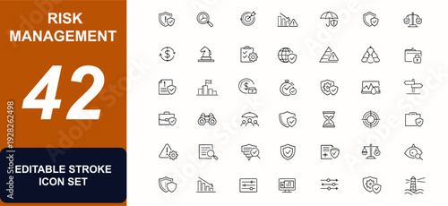 Risk Management web icon set in line style. Business risk analysis, investment planning, loss prevention, safety strategy, finance chart. Editable stroke. Vector illustration.