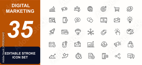 Set of Digital Marketing web icons line style. Ecommerce growth, online promotion, social media, analytics, customer feedback, mobile payment, email campaign, branding strategy. Vector illustration.