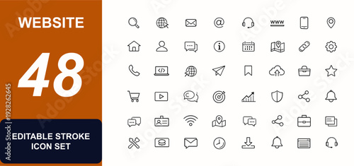 Website web icons in line style. Search, internet, mail, contact, support, www, phone, globe, navigation, online interface, business set. Editable stroke. Vector illustration.