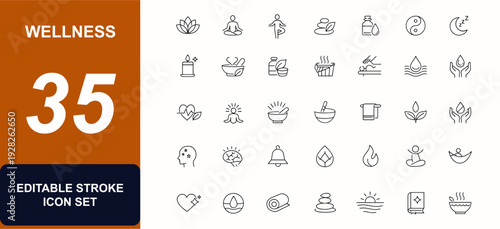 Wellness web icon set in line style. Meditation, spa, yoga, sleep care, holistic health, mindfulness, relaxation, spiritual wellness set. Editable stroke. Vector illustration.