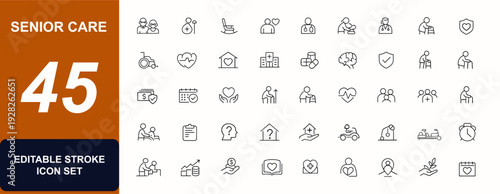 Elderly web icons in line style editable stroke. Senior care, retirement, pension, wheelchair, alzheimer support, caregiver help, grandparents set. Editable stroke. Vector illustration.