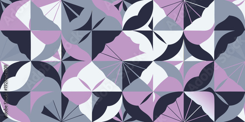 Geometric abstract pattern in muted tones of purple, grey, and dark blue, with interlocking shapes resembling fan or petal motifs.