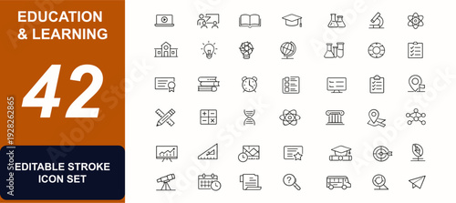Set of Education and Learning web icons in line style. Classroom study, school tools, university knowledge, textbook reading, academic icons. Editable stroke. Vector illustration.