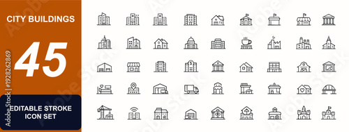 Building web icons in line style. City buildings, hotel, hospital, apartment, shopping mall, cafe, townhouse, architecture set. Editable stroke. Vector illustration.