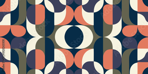 Muted bohemian geometric pattern with dusty rose olive green and charcoal grey curved shapes for contemporary scandinavian style home decor and elegant textile print illustrations