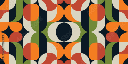 Vintage inspired geometric pattern with retro orange green and navy blue curved shapes for mid century modern furniture upholstery and stylish seventies style wall art decoration