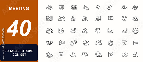 Meeting web icon set in line style. Team collaboration, business discussion, conference meeting, interview, seminar, brainstorm, presentation. Editable stroke. Vector illustration.