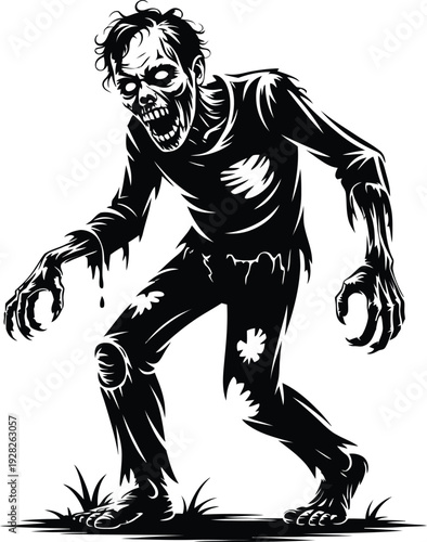 Frightening zombie standing in eerie stance with torn clothes