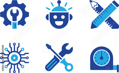 Technology, Robotics, and Engineering Icons. AI, Tools, and Precision Measurement. Vector Illustration
