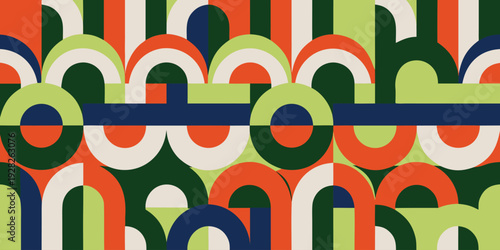 Seamless geometric pattern with abstract shapes in bright summer colors including orange green blue and off-white a modern and vibrant design element
