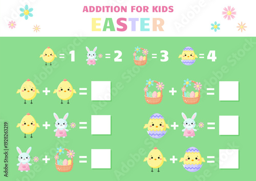 Educational game for kids. Cute Easter i math game.Addition for kids. Printable game.Educational activity worksheet.Illustration for kids books and workbooks.Logical quest for children.Vector 
