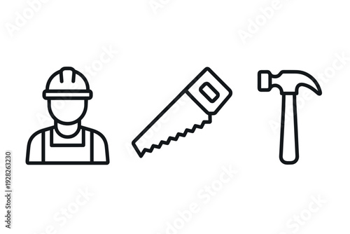 construction worker with helmet saw and hammer hand drawn line art icons set