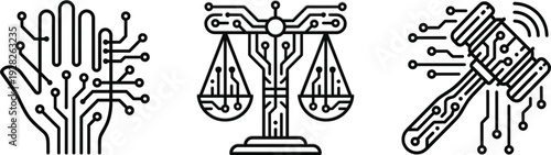 Minimalist Line Art AI Ethics Justice and Regulation Icons Vector Set with Neural Hand Circuit Scale and Digital Gavel for Responsible AI Law and Governance Designs