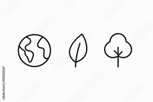 earth leaf and tree icons set in hand drawn line style with environmental nature concept