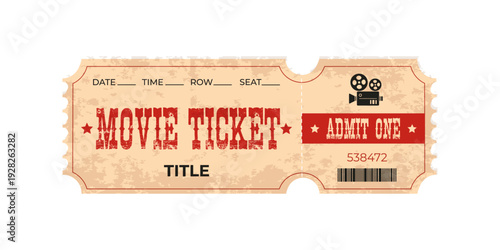 Vintage movie ticket isolated on transparent background. Retro  movie coupon. Decorative element for cinema, party, event, festival.Realistic template in red, white, black colours. Admit one.Vector il