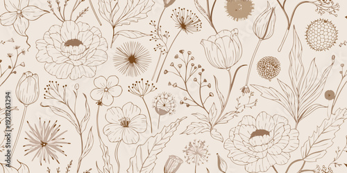 Delicate line art botanical illustration with various flowers and leaves on a beige background, charming and rustic natural motif