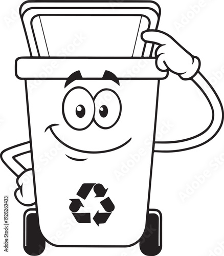 Cartoon vector illustration of a man holding a recycling bin and a beer bottle isolated on white background