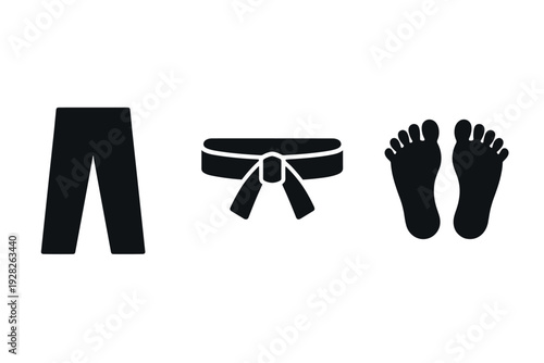 martial arts gear set hand drawn black silhouette including pants belt and bare feet