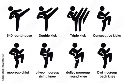 martial arts kicking techniques set black silhouette icons hand drawn illustration