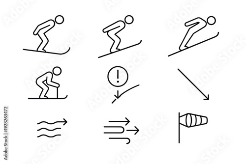 set of hand drawn black line ski slope warning and ski icons with wind and danger symbols