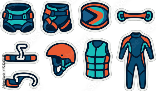 collection of hand drawn kiteboarding safety gear icons including harness helmet wetsuit and vest