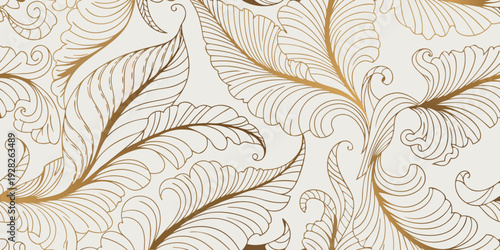 Elegant golden floral pattern on a light beige background, intricate swirling leaves and vines, luxury wallpaper and textile design