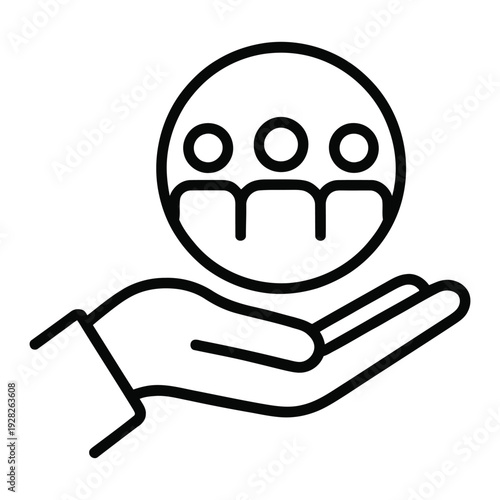 hand supporting group of people icon isolated on white background, community care social support and teamwork concept line art