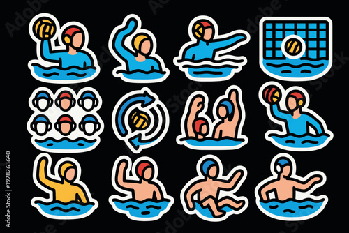 water polo players and ball game hand drawn icons set with goal and teamwork illustration