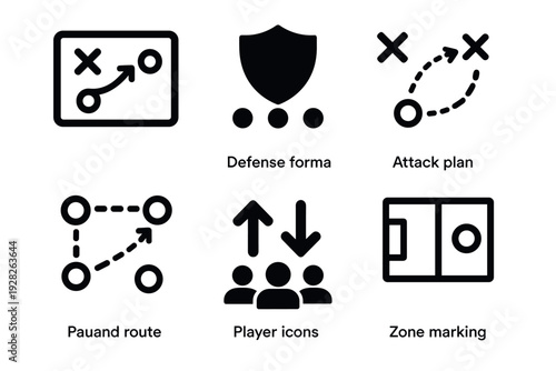 set of soccer strategy icons hand drawn black and white symbols for sports planning and tactics