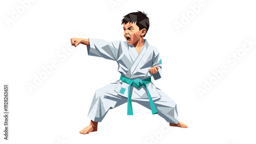 young boy practicing karate punch in hand drawn geometric style martial arts illustration