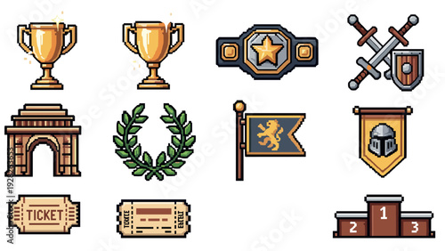 pixel art collection of medieval tournament icons trophy cups swords shield laurel wreath flag banner ticket and podium