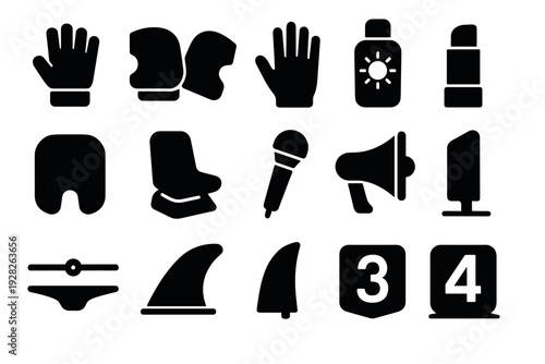 set of black silhouette surfing and beach icons including gloves wetsuit sunblock lipstick surfboard fins microphone megaphone and number markers in flat style