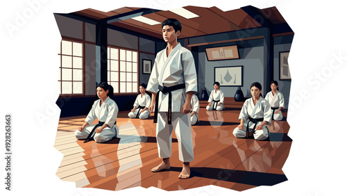 martial artists training in dojo with hand drawn modern illustration style for sports and discipline concept