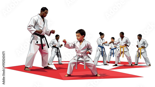 group of children and adults practicing karate martial arts in hand drawn geometric style