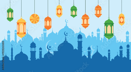 Elegant Eid Mubarak Greeting with Glowing Lanterns, Crescent Moon and Islamic Arch Frame. Eid Mubarak Poster Design Vector Illustration 